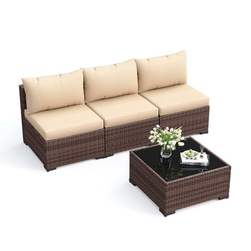 Ensemble canapé de jardin 3 places en résine tressée avec coussins et table basse en verre, Kaki