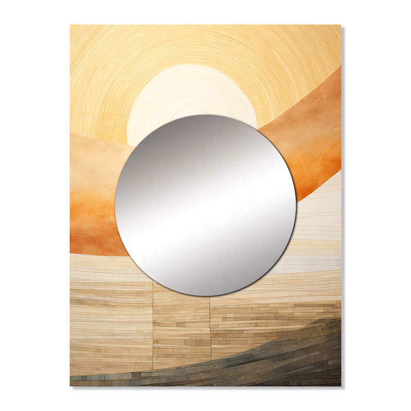 Keresen géométrique doré coucher de soleil Harmony I - miroir mural coucher de soleil, miroir décoratif beige, impression d'art en métal