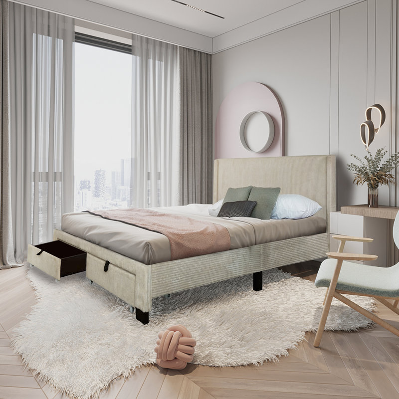 Lit plateforme avec rangement Yameen, Beige
