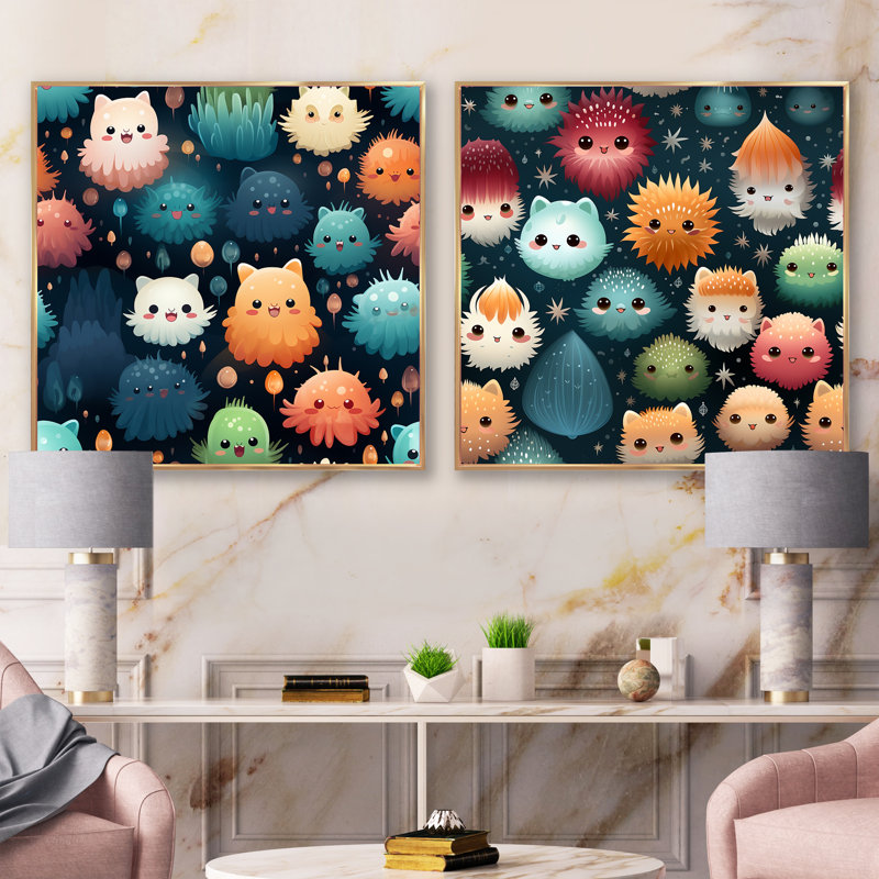Ensemble de 2 papiers peints Coastal Creatures pour enfants - animaux, Cadre flottant doré, H 16 po x l 33 po