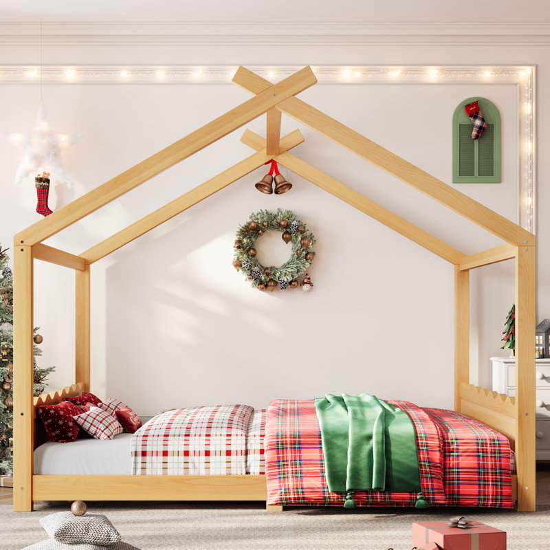 Natural Queen House Bed Frame, Solid Pine MDF & Plywood, Natural, Queen