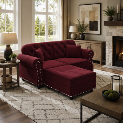 Canapé en velours de 63 po avec garniture cloutée et accoudoirs roulés, canapé Chesterfield moderne de style Mid-Century capitonné avec boutons, bourgogne de 63 po