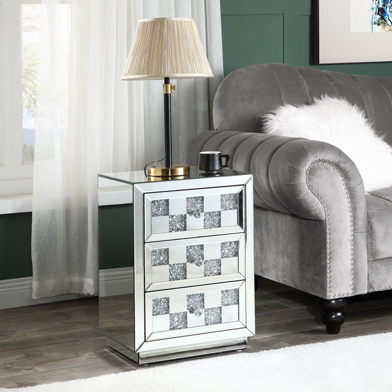 Luxurious Mirrored Glass and Faux Diamond 3-Drawer End Table