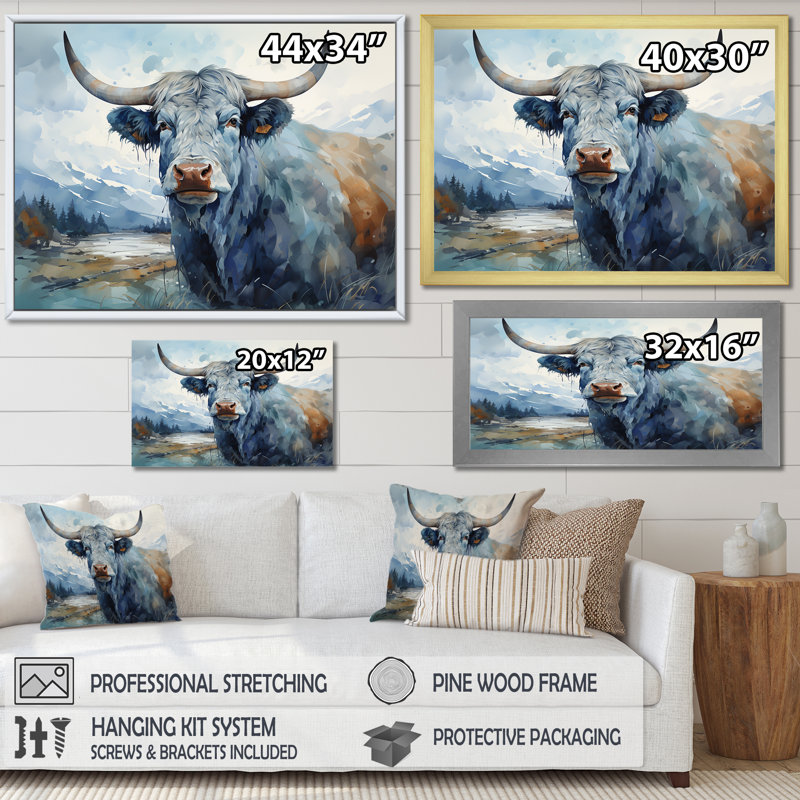 «Blue and Gray Yak», reproduction d'art sur toile, Cadre doré simple, H 12 po x l 20 po x P 1 po