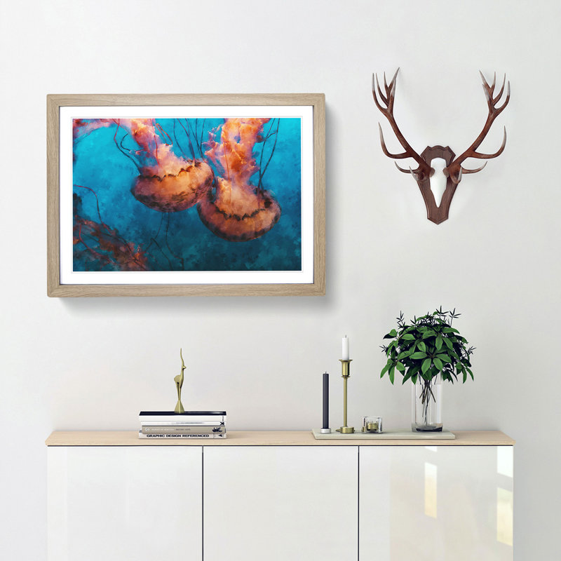 Pink Jellyfish - Picture Frame Painting Print, Oak Framed, 45cm H x 63cm W x 2cm D