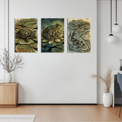 Tortue, grenouille et étang à poissons, toile tendue sur toile, ensemble de 3 reproductions de peintures à l'huile