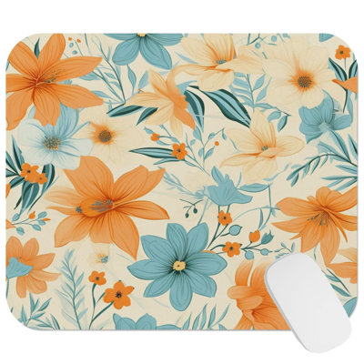 Floral Blue and Orange Retro Flowers Pattern Cottage Gaming Cute Office Laptop Desk Pad Gift Mat Square Rectangle Non-Slip Mousepad