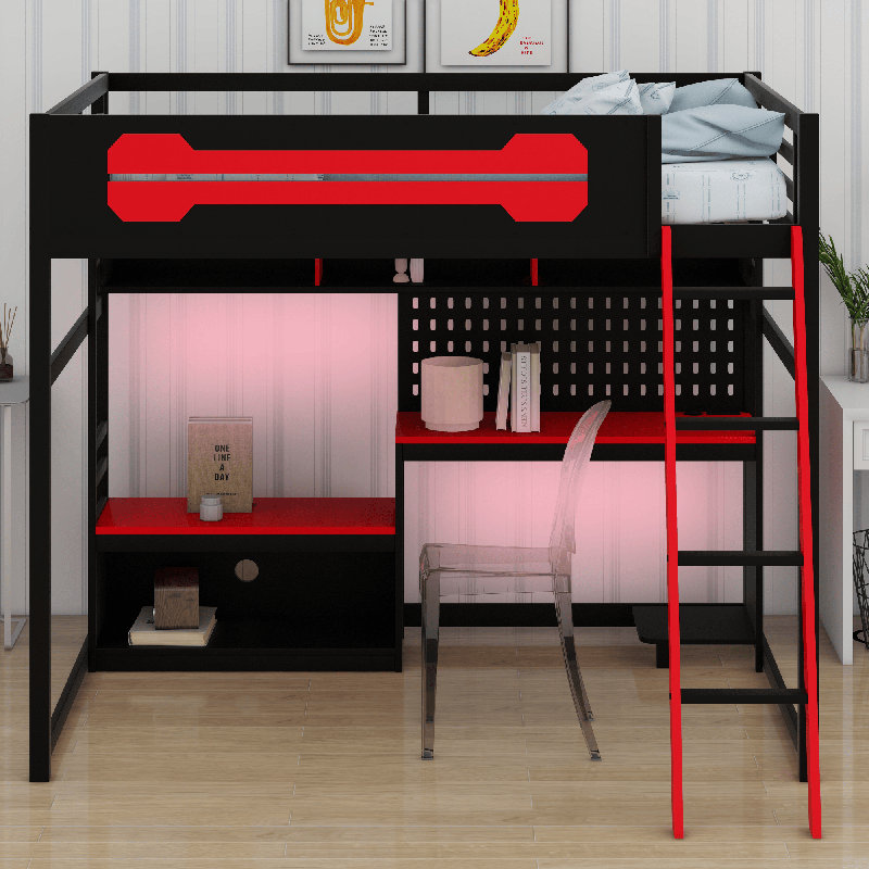 Lit mezzanine en bois avec bureau, Noir / Rouge