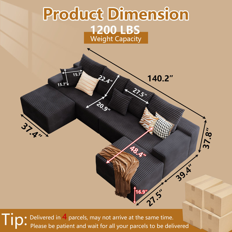 Canapé modulaire Boneless, Velours côtelé noir