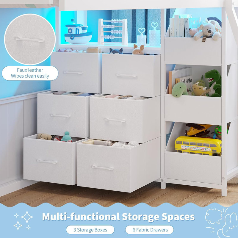 Bunk Bed Twin Over Twin With 6 Storage Drawers And 3 Open Bins, House Bunk Bed With Led Lights, L-Shaped Low Bunk Beds With Safety Guardrail & Ladder, Metal Floor Twin Bunk Bed, White