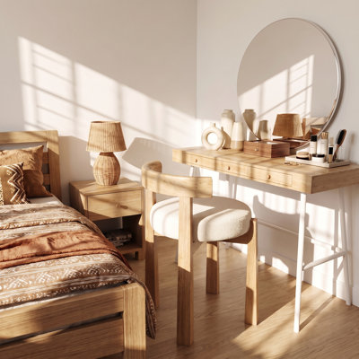 Tabouret de coiffeuse en bois massif avec dossier, chaise de maquillage rembourrée avec assise en imitation laine, tabouret ottoman moderne pour chambre à coucher ou dressing.