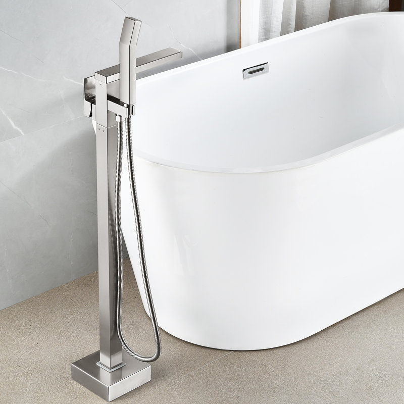 Robinet de baignoire autoportant à fixation au sol avec poignée simple et douche à main, Nickel brossé