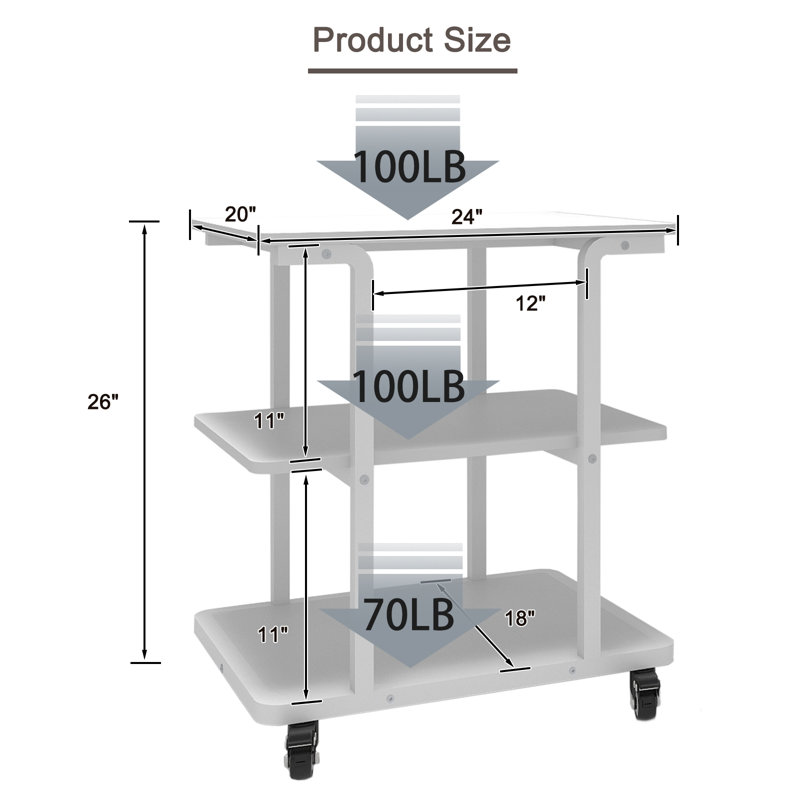 24''x20''x26'' Large Printer Table with Storage Shelf, 3 Tier Rolling Printer Cart with Wheels,Multifunctional Shelves for Home Office