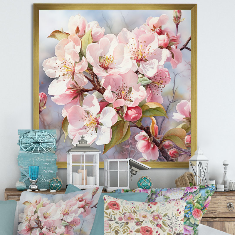 Fleur de pommier en hiver sur toile, Encadrement doré, H 24 po x l 24 po x P 1 po