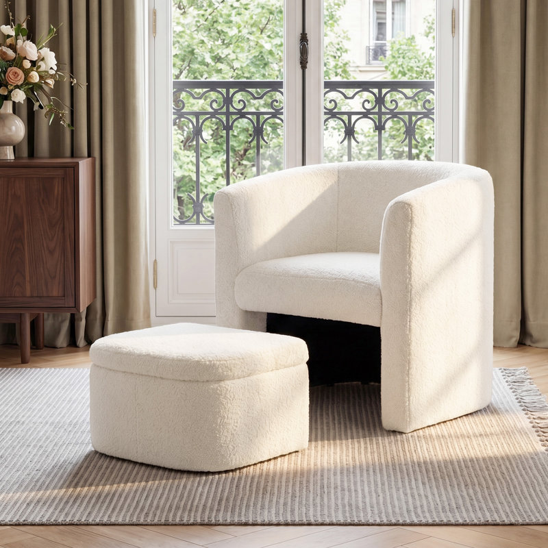 Fauteuil d'appoint et repose-pieds rembourrés Braedin, aucun assemblage requis, Crème Boucle
