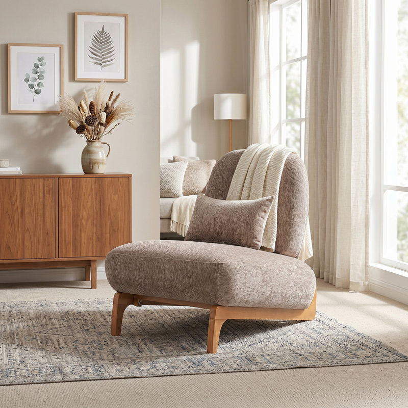 Cream White Modern Armless Accent Slipper Chair, Linen Upholstered High-Back Lounge Chair with Curved Wood Base & Lumbar Pillow