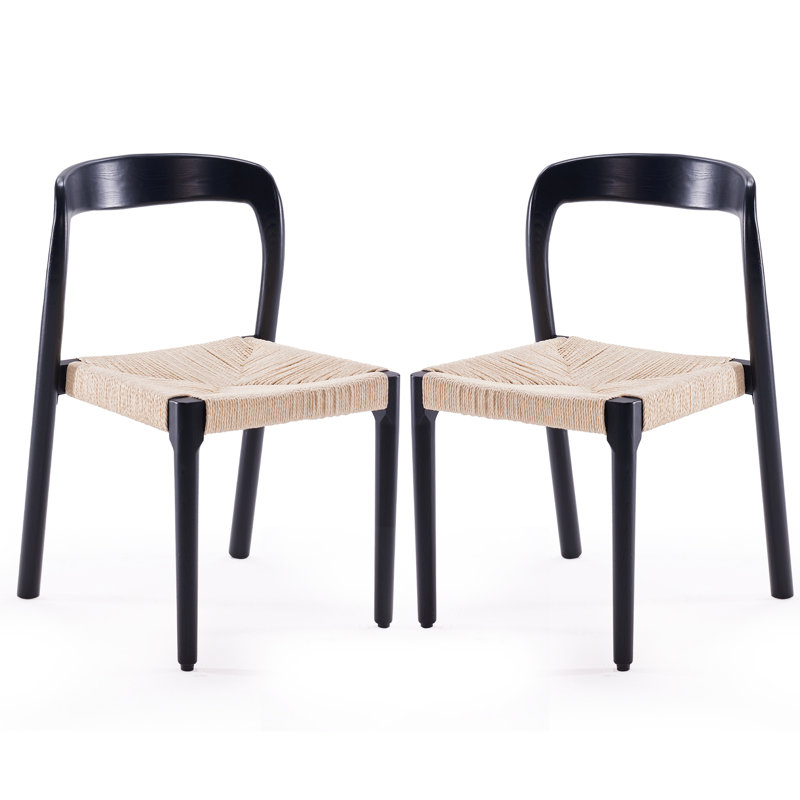 Shaelene 29.9" H Solid Wood Side Dining Chairs with Handwoven Rope Seat , Black/Beige