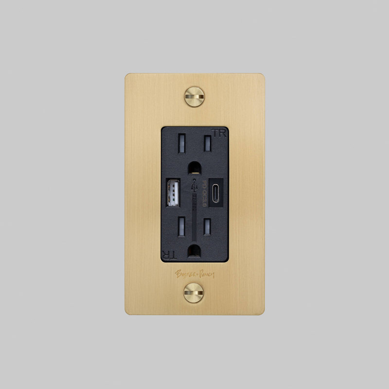 Prise de courant combinée 1G et chargeur USB-A + C / avec logo, Laiton