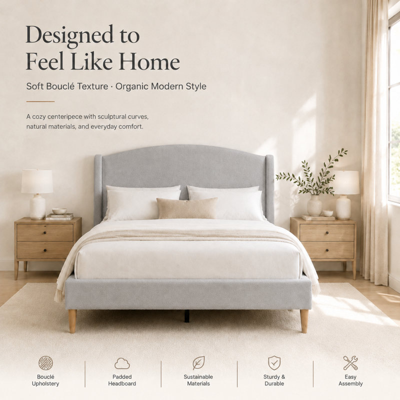  King Size French Retro Wingback Bed Frame, Teddy Fabric Upholstered, Sturdy Slat Support, No Box Spring Needed, Easy Assembly, Light Gray