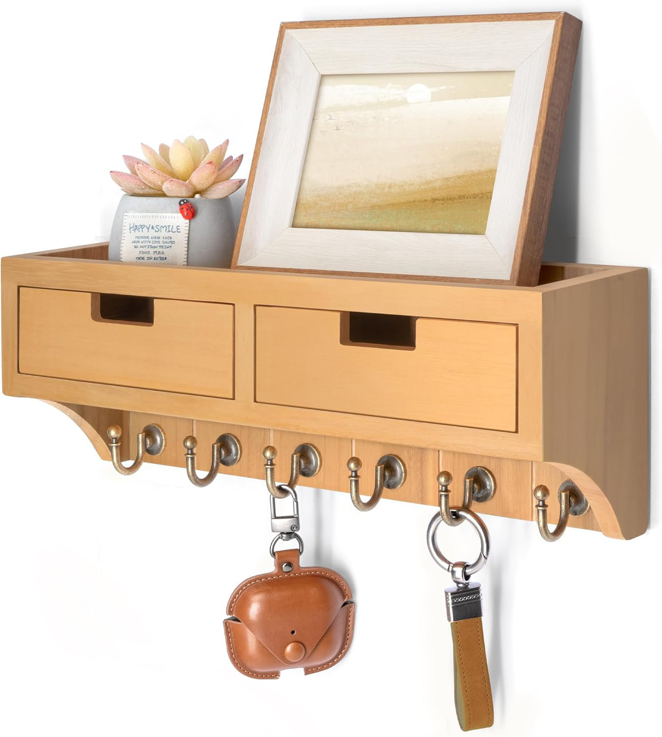 AJW-Étagère Murale En Bois Avec étagère Multifonction Boîte De Rangement Murale Avec 7 Crochets