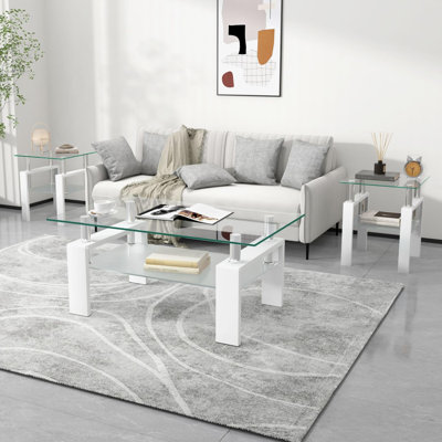 3 Pieces Living Room Table Set, Coffee Table Set of 3 Modern Rectangle Tempered Glass Coffee Table (3, White)