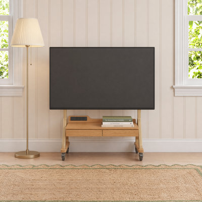 Solid Wood Rolling TV Stand with Outlet & Open Shelves 