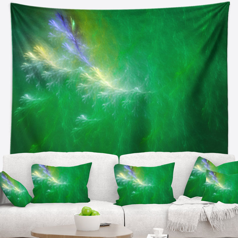 Tapisserie abstraite vert fractal avec ciel tonnerre, H 32 po x l 39 po