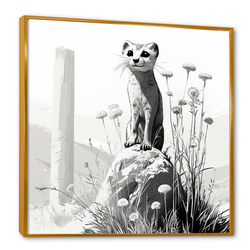«Grey Meadow», art mural Meercat rétro, Cadre flottant doré, H 30 po x l 30 po x P 1,5 po