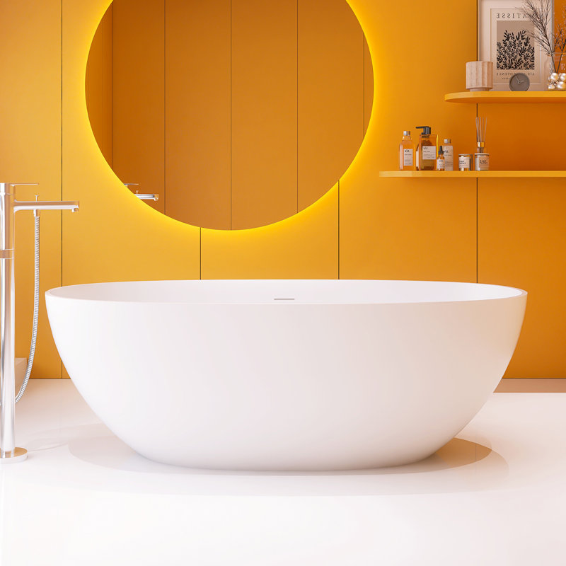 65" L X 29.5 " W Solid Surface Freestanding Soaking Bathtub With Overflow And Pop-Up Drain