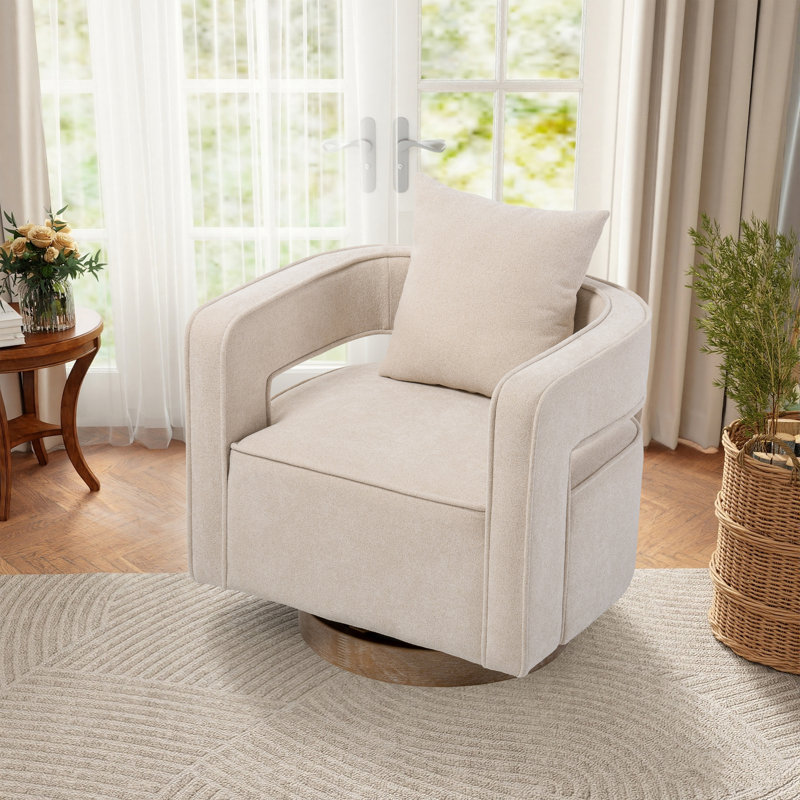 Fauteuil demi-tonneau moderne pivotant avec dossier ouvert, Mélange de lin beige