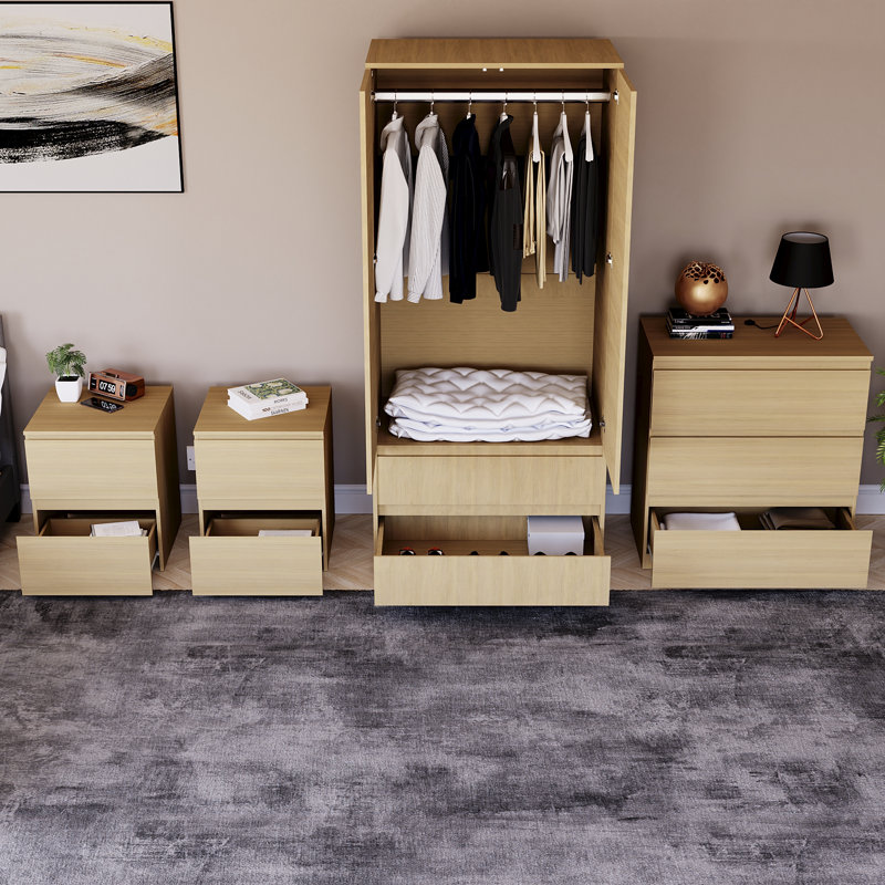 Tanino 4 Piece Bedroom Set (2 Drawer Large Bedside Chest X2, 3 Drawer Chest, 2 Door 2 Drawer Wardrobe), Beige