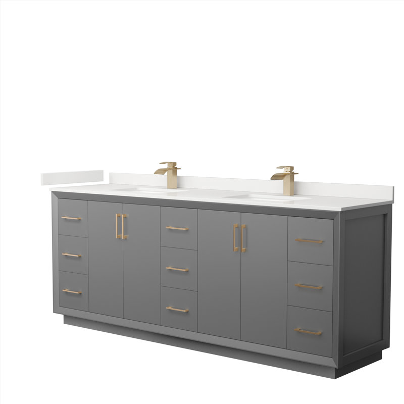 Meuble-lavabo double avec plateau Strada 84, Quartz Giotto, Gris foncé, Noir mat