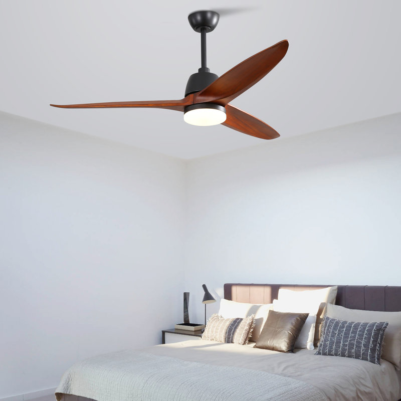Ventilateur de plafond à 3 pales DEL Nicola Fiffie avec télécommande et éclairage inclus, Noir mat avec pales brunes