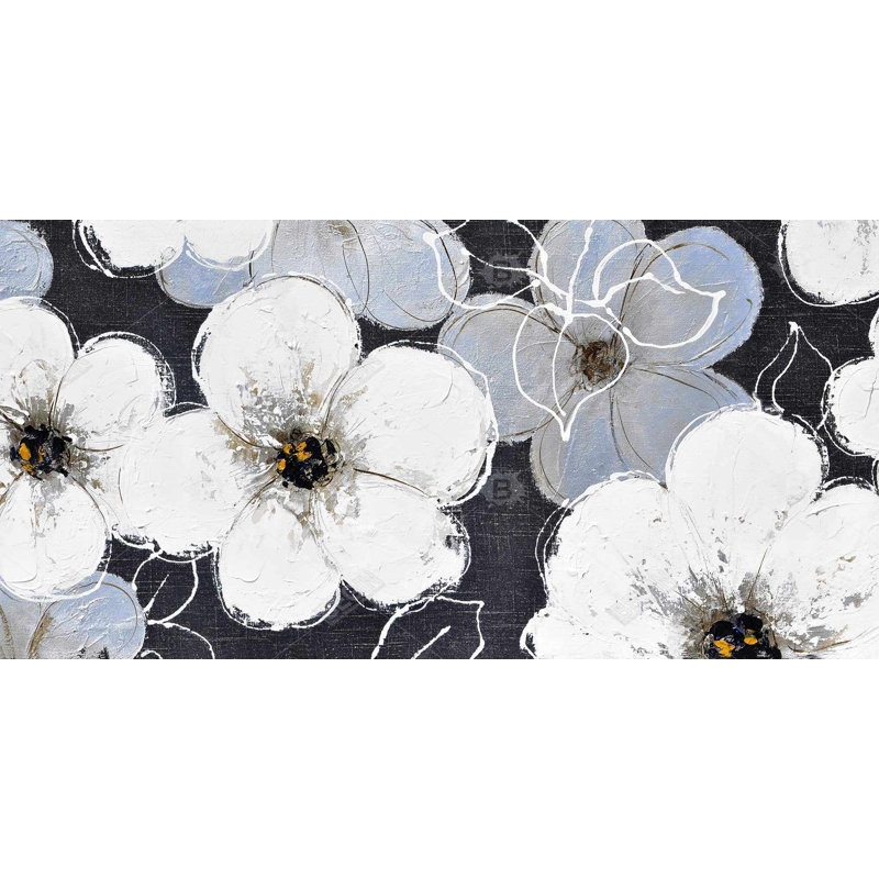 Fleurs blanches avec contours de feuilles - Toile grise contemporaine