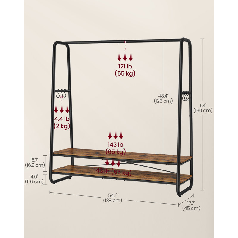 Clothes Rail, Clothes Rack With 2 Shelves, 6 S-Shaped Hooks, Steel Frame, For Bedroom, Brown