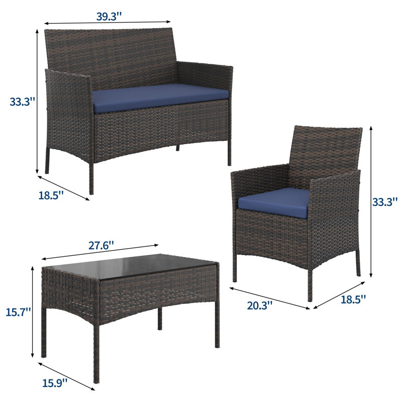 4-Piece Outdoor Patio Bar Set – Rattan Bistro Furniture with Cushioned Sofa, 2 Chairs & Coffee Table