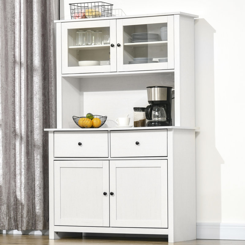 Buffet de cuisine 63,5 "avec huche, armoire de rangement pour garde-manger avec 4 tablettes, tiroirs, portes en verre encadrées, comptoir à micro-ondes ouvert