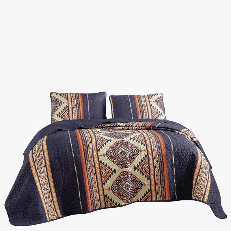 Navy Aztec Print Microfiber Quilted Reversible 3 Piece Bedspread Set，Queen, Queen Bedspread + 2 Standard Pillowcases