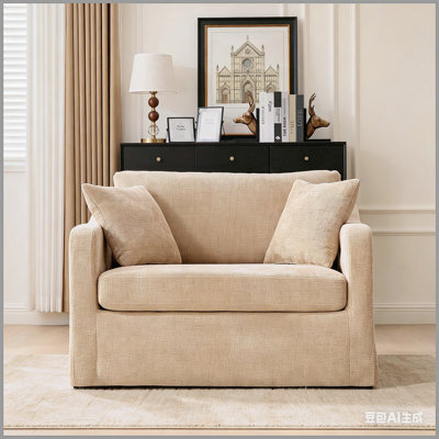 43.9" Wide Modern Upholstered Farmhouse Performance Accent Chair with Black Metal Legs, Chenille Reading Armchair Single Sofa with Two Bolster Pillows for Living Room offices and Lounge,Wheat