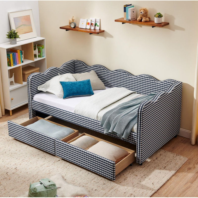 Lit de jour simple en vichy douillet avec deux tiroirs de rangement, avec port USB et adorable tissu en forme de vague