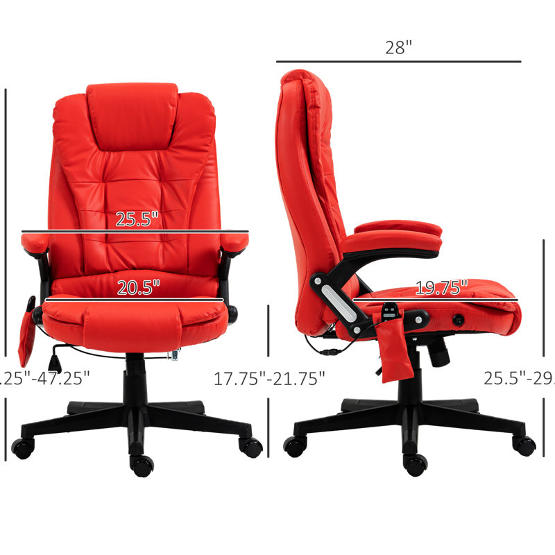 Chaise de bureau inclinable chauffante avec 6 points de vibration, extensible à 120 degrés, siège réglable, rembourré et poche latérale pour télécommande, rouge