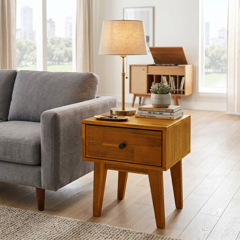 Table de chevet en bois massif avec tiroir de rangement Acacia Sofia, Caramel