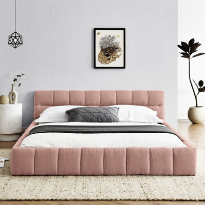 Lit tapissier grand format - Tête de lit en tissu de chenille de couleur rose et structure solide, pas de sommier tapissier requis