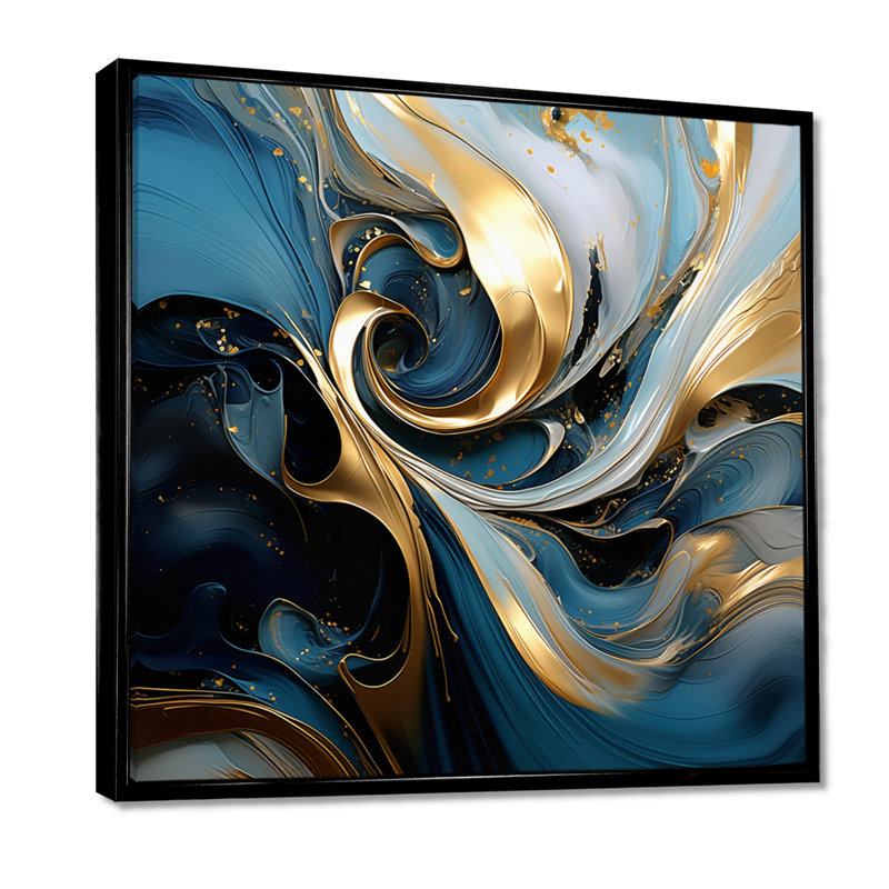 Abstrait bleu sarcelle vagues coucher de soleil doré - art mural abstrait salon, Toile avec cadre flottant noir