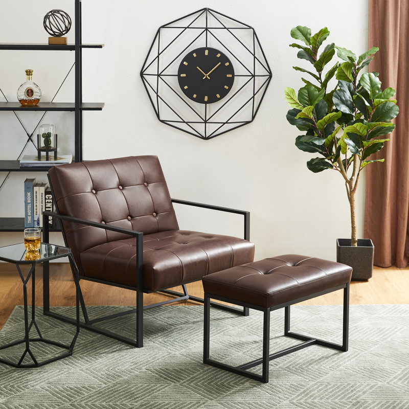 Buren Vegan Leather Armchair and Stool Set, Brown
