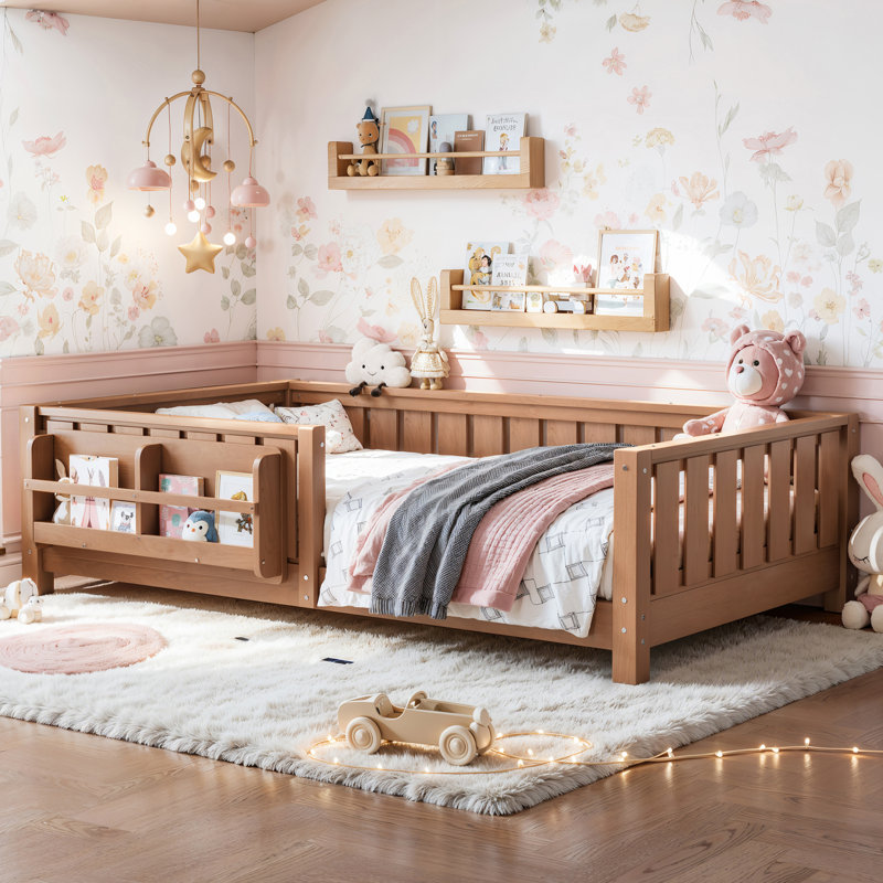 Twin Floor Bed With Slats And Safety Guardrail, Twin Size Montessori Floor Bed With Fence And Built-in Bookshelf, Easy Assemble Montessori Beds For Kids, Girls, Boys,natural