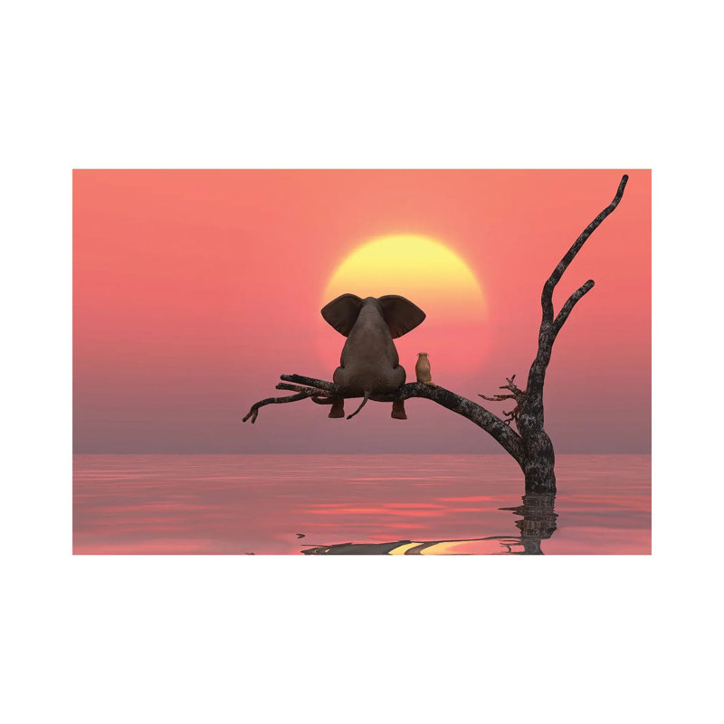 Elephant And Dog Are Sitting On A Tree At Red Sunset by Mike Kiev - Wrapped Canvas Print, 20.32 cm H x 30.48 cm W
