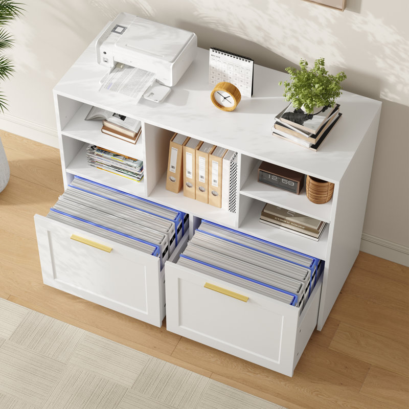 Classeur latéral avec 2 tiroirs, classeur moderne avec cubes de rangement ouverts, classeur de bureau pour format lettre / A4 / blanc