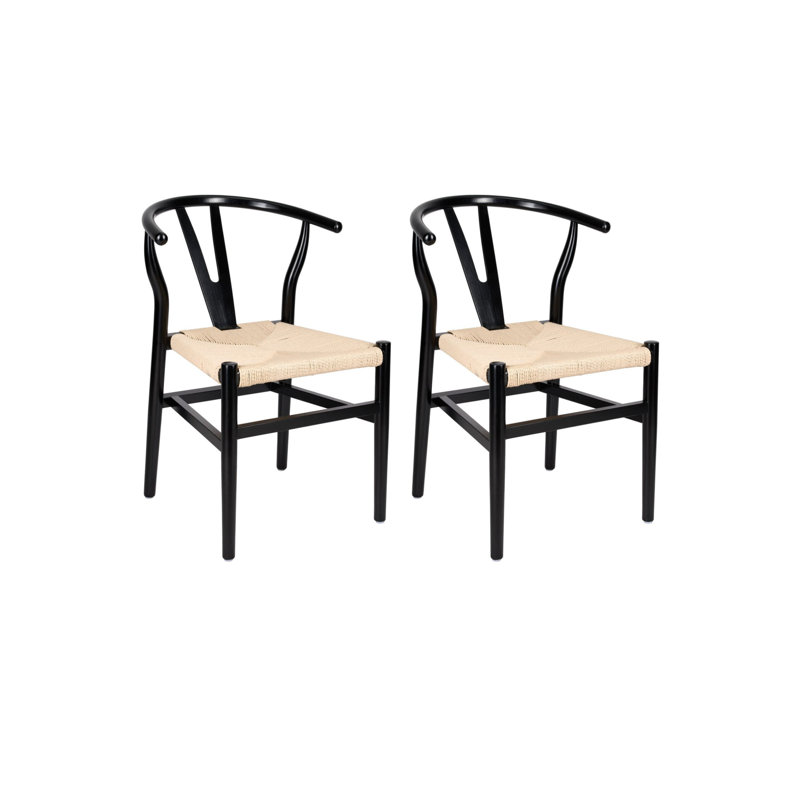 Mid-Century Dining Wood Chair With Rope/Fabric Seat By Chivari, Black Natural/Black