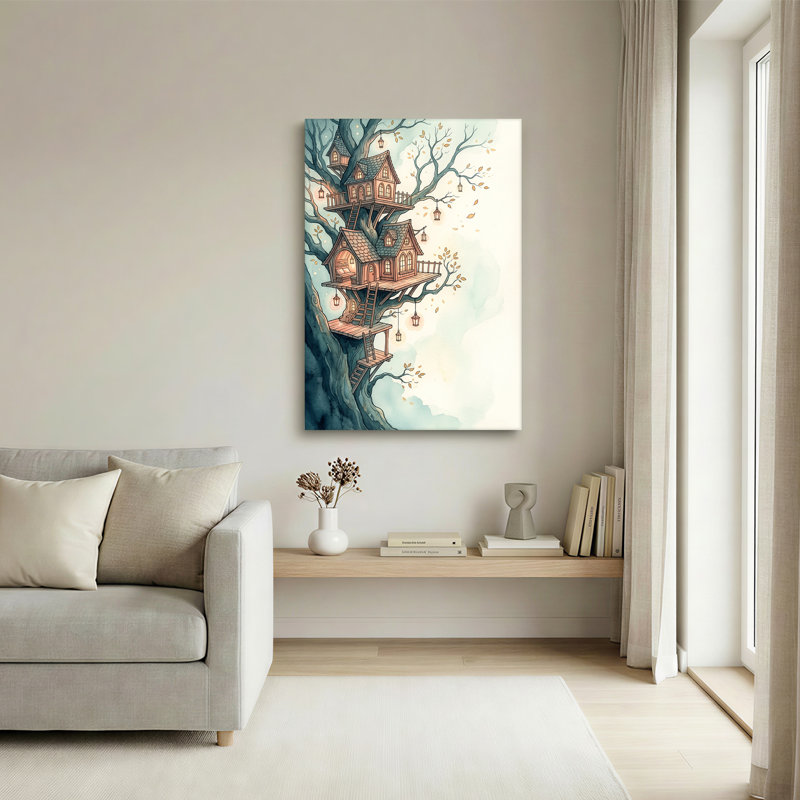 Aquarelle, cabane dans les arbres avec lanternes suspendues et art mural sur toile, 36"H x 24"W